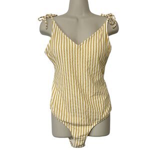 Jessica Simpson Striped Seersucker One Piece Swimsuit Mustard Yellow White Sz L